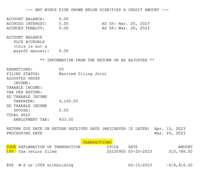 What Is IRS Code 150 On My Tax Transcript 